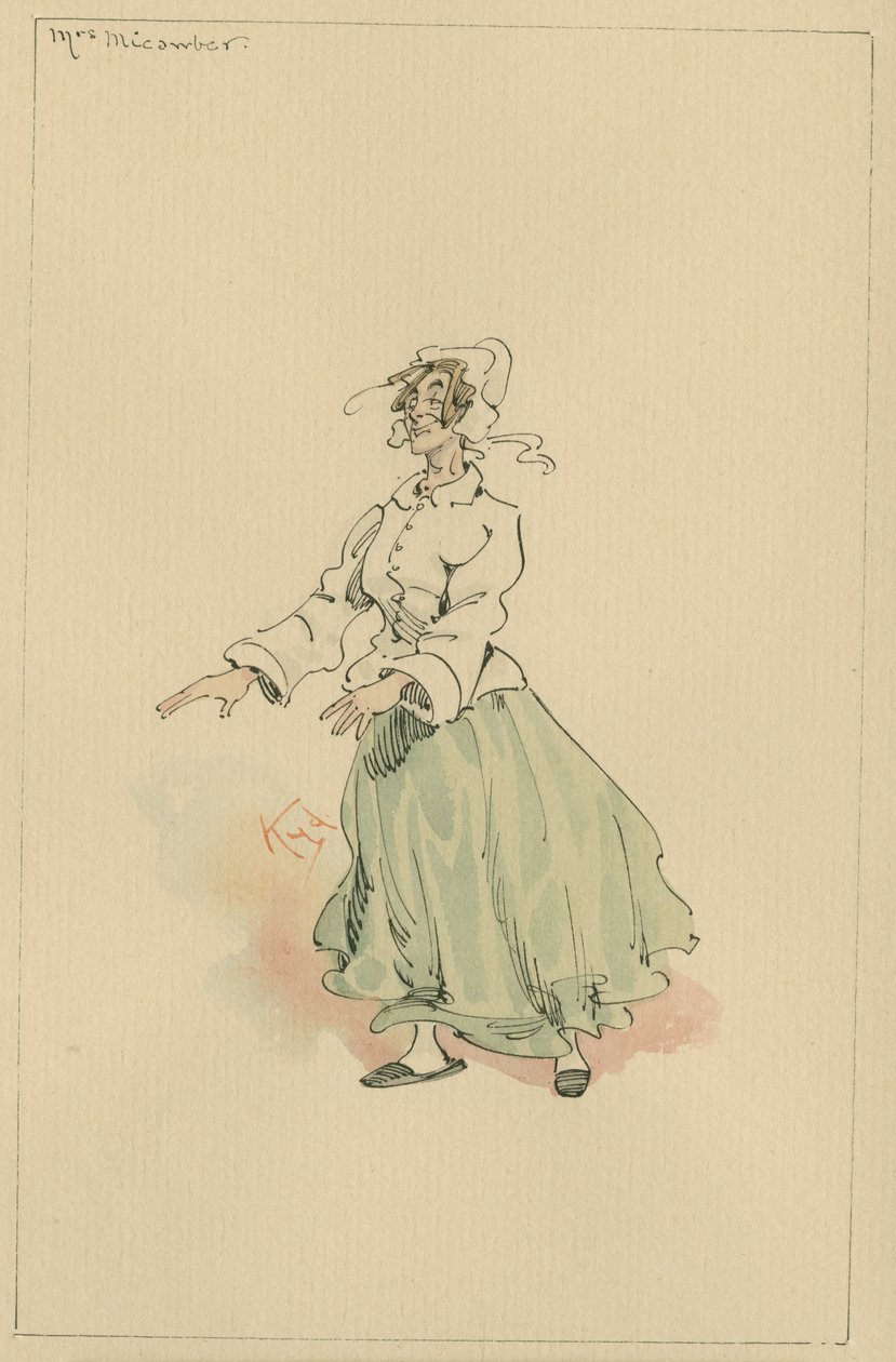 Mrs Micawber, ca. 1920-tallet (penn og blekk med wc på papir) av Joseph Clayton Clarke