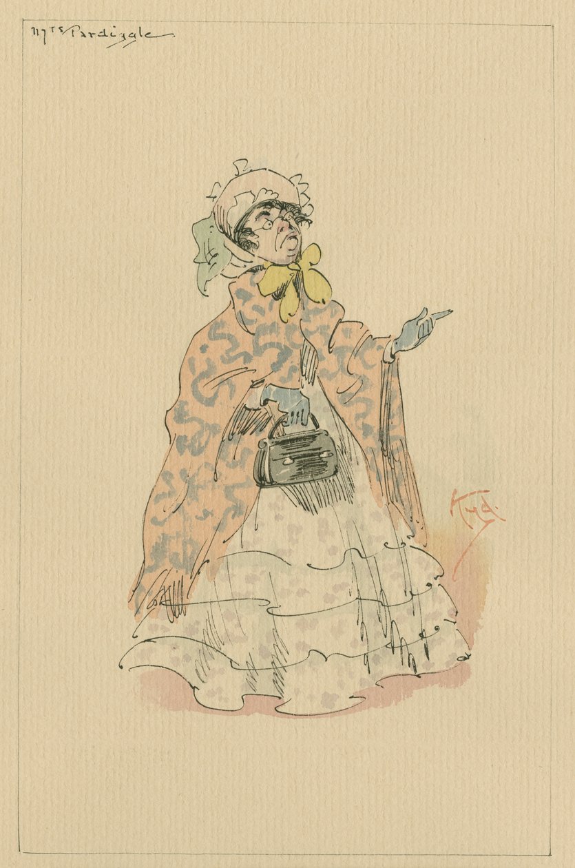 Mrs Pardiggle, ca. 1920-tallet (penn og blekk med wc på papir) av Joseph Clayton Clarke