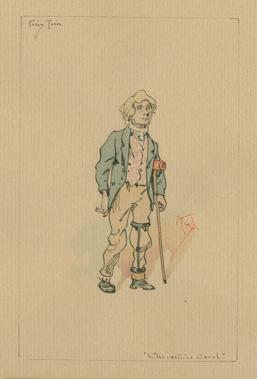 Tiny Tim - A Christmas Carol, ca. 1920-tallet (penn og blekk med wc på papir) av Joseph Clayton Clarke