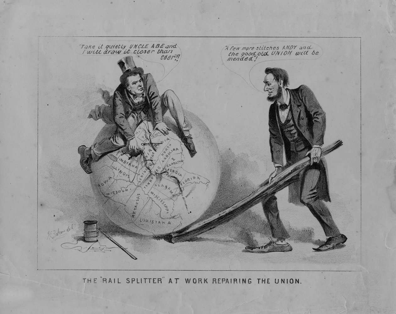 The Rail Splitter på jobb med å reparere Unionen, c.1865 litho av Joseph Baker