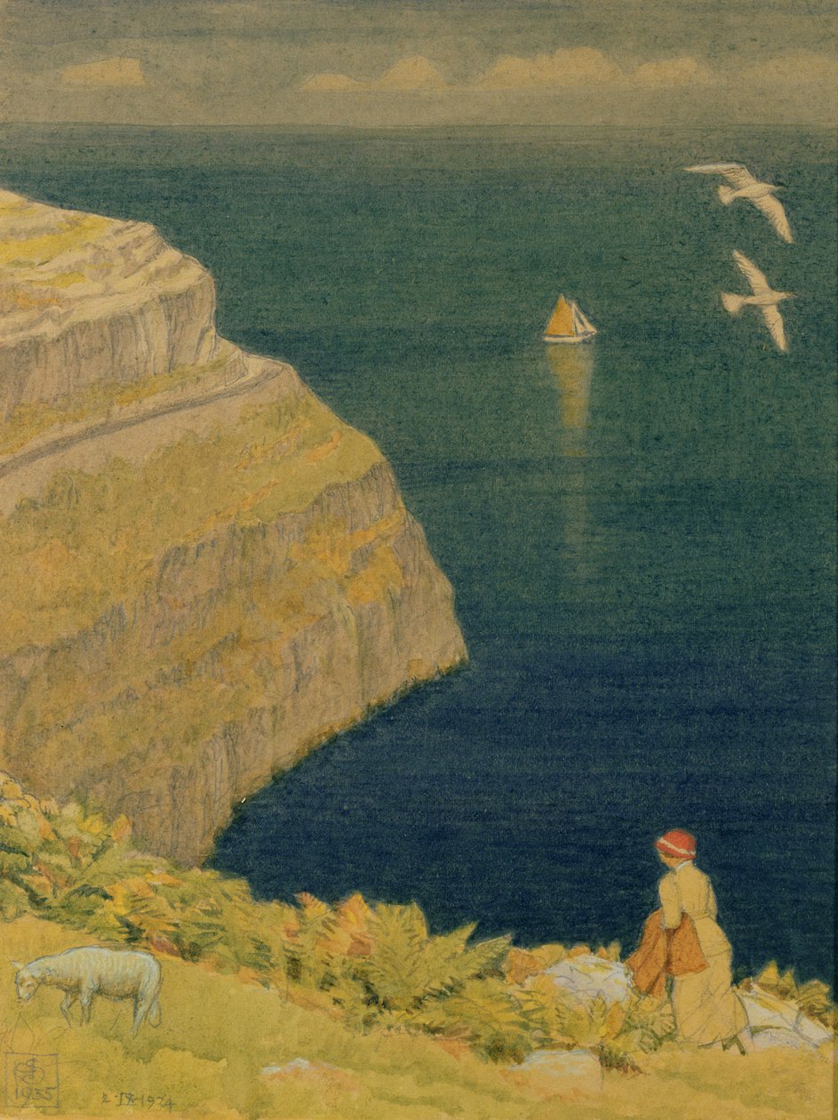 A Welsh Cliff, 1935 (wc og blyant på papir) av Joseph Edward Southall