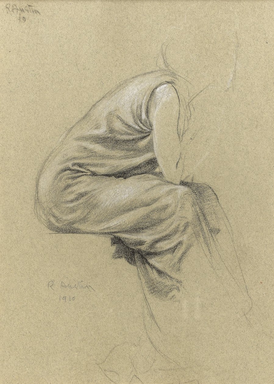 Profilstudie av en sittende figur (svart og hvitt kritt på papir) av Joseph Edward Southall
