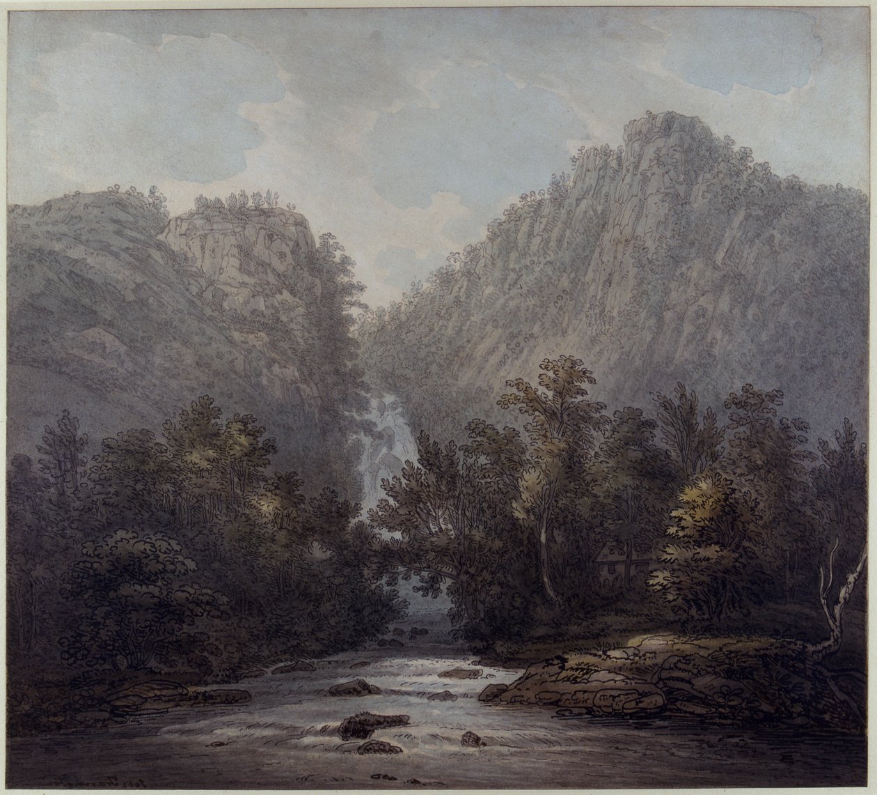 Lodore Waterfall, Westmoreland, 1785 (penn og blekk og wc på papir) av Joseph Farington