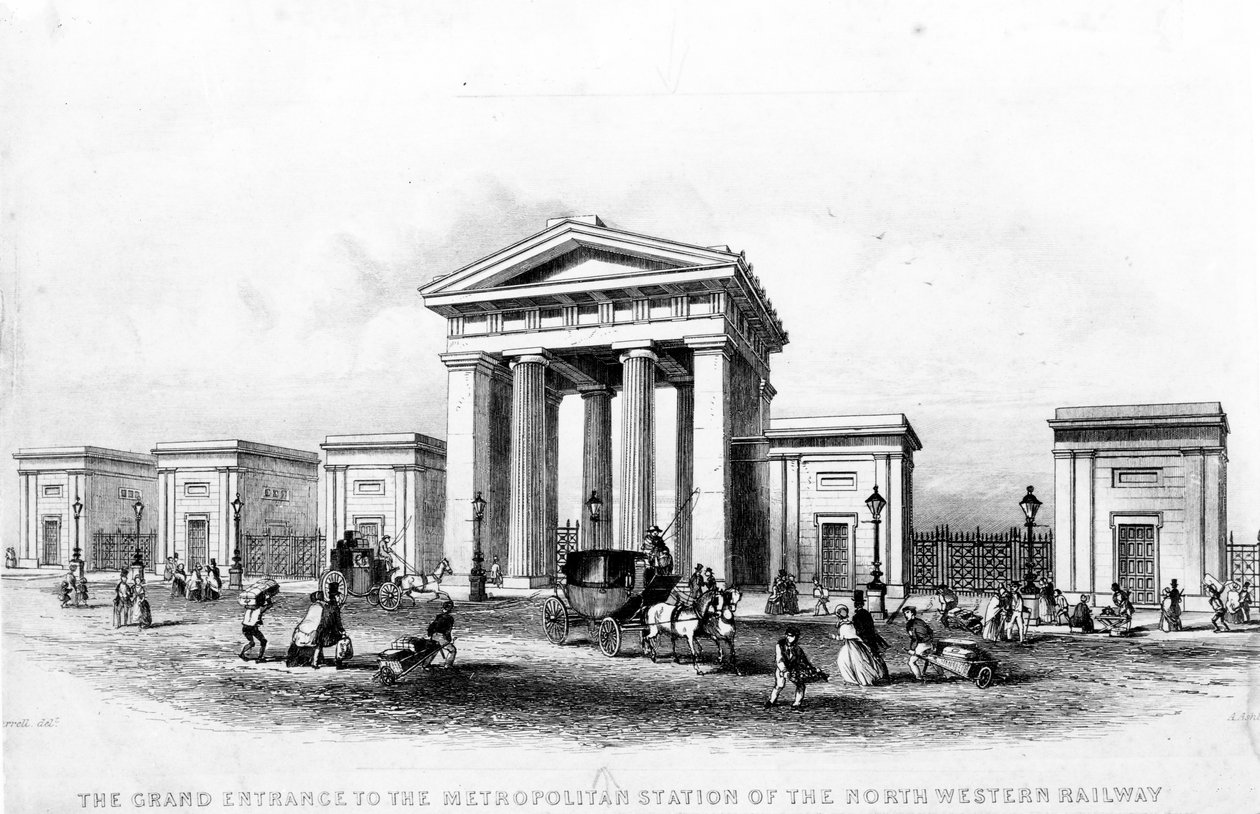 The Grand Entrance of the Metropolitan Station of the North Western Railway, gravert av Alfred Ashley, ca. 1837 av Joseph Francis Burrel