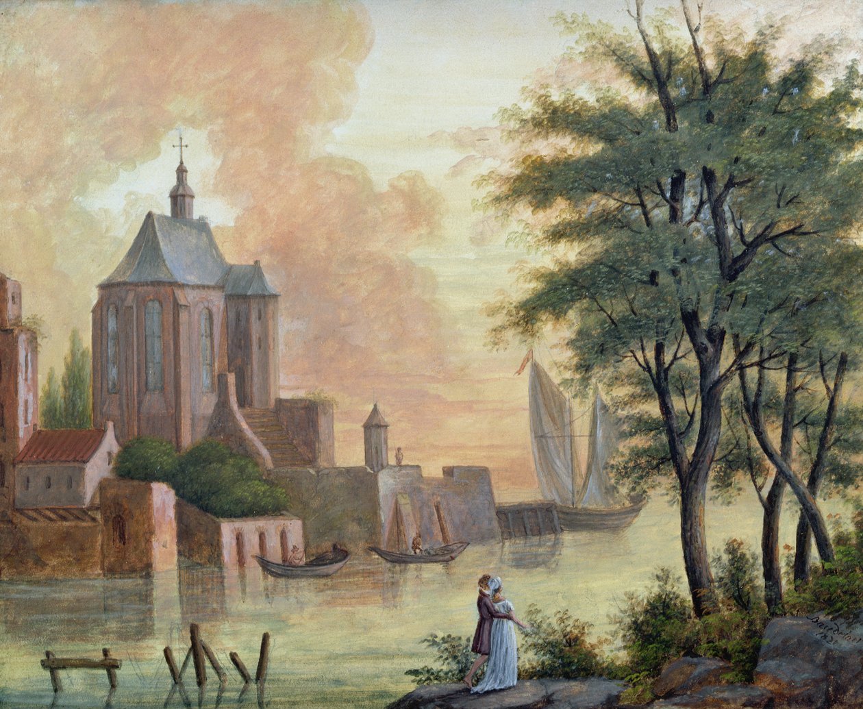 Promenade langs elvebredden, 1821 av Joseph Francois Baudelaire