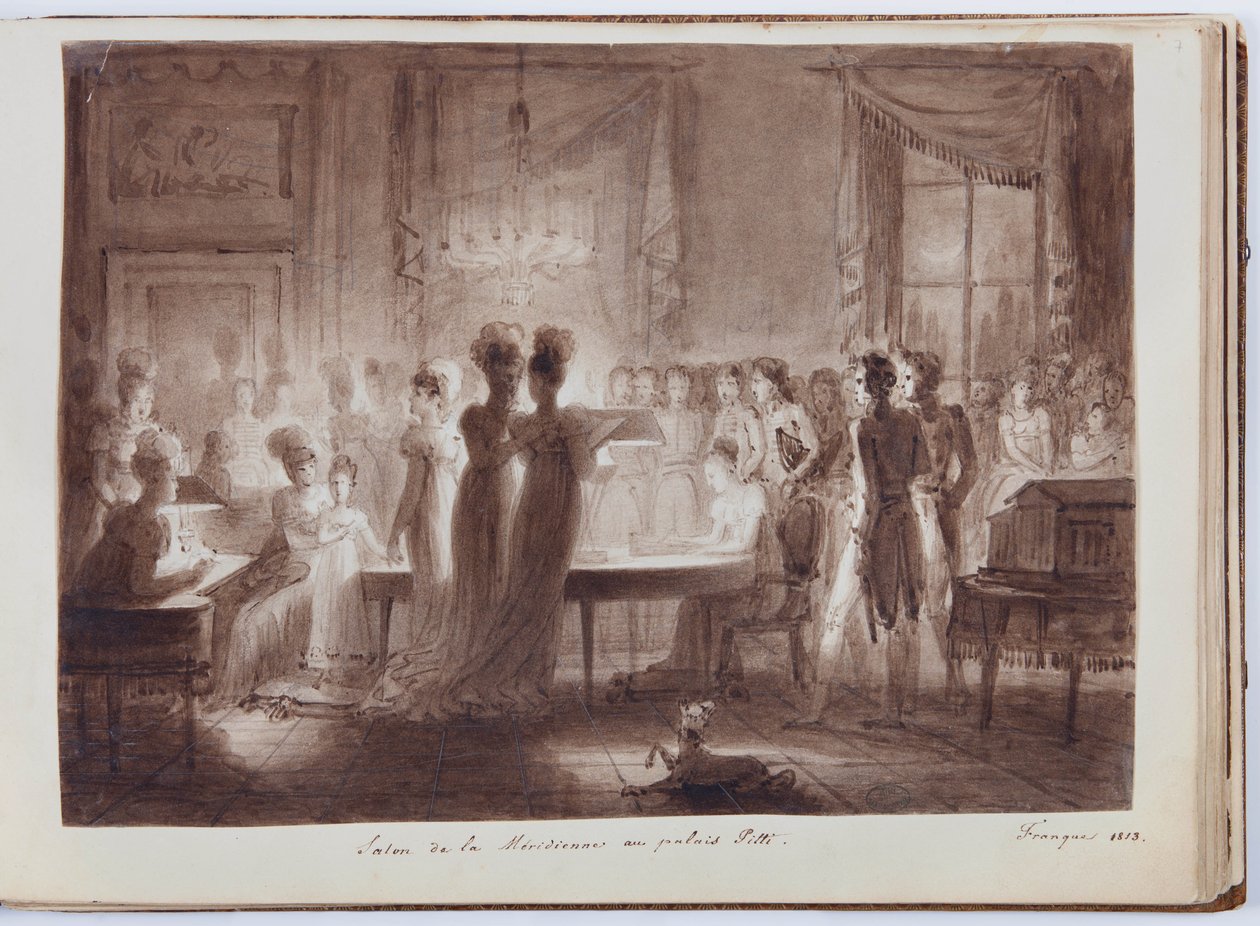 Meridiana Pavilion of the Pitti Palace i Firenze, illustrasjon fra Grand Album of Elisa Bonaparte, 1813 (penn og blekkvask på papir) av Joseph Franque