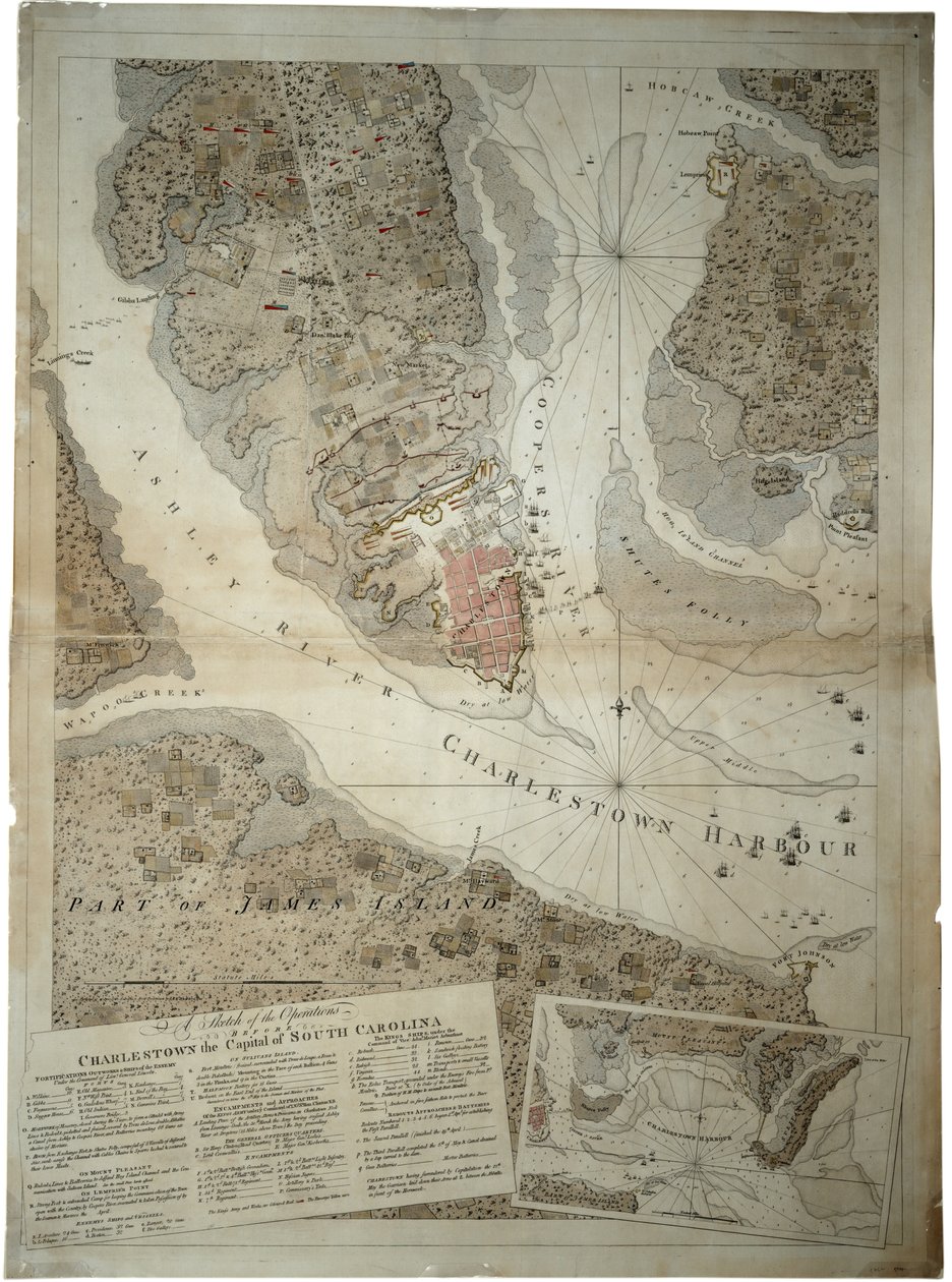 En skisse av operasjonene før Charlestown, hovedstaden i South Carolina, ca. 1780 av Joseph Frederick Wallet DesBarres