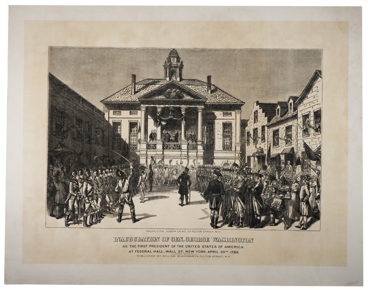 Innsettelsen av general Washington som USAs første president, ca. 1870-tallet (photolitho) av Joseph Laing