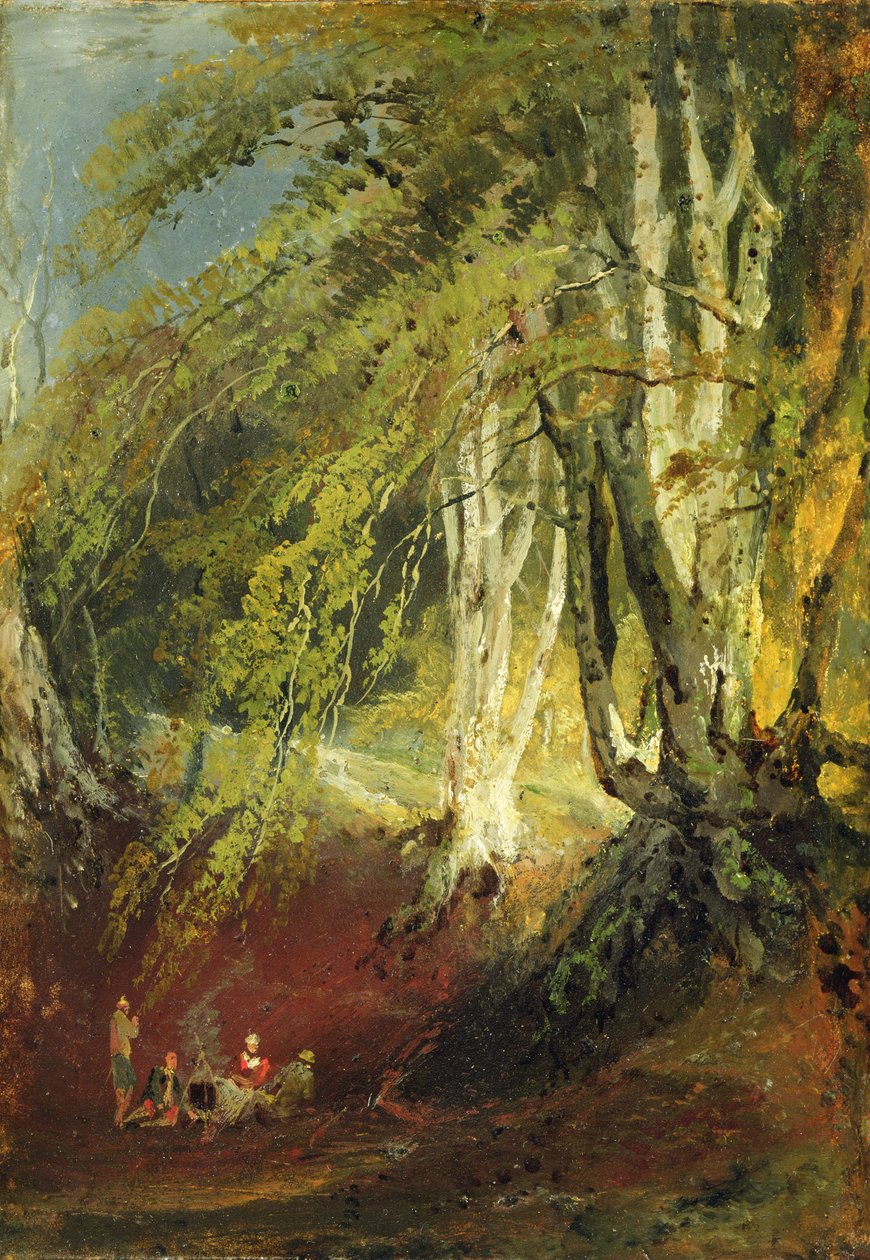 En bøketre med sigøynere sittende rundt et bål, ca. 1799-1801 (olje på papir lagt ned på panel) av Joseph Mallord William Turner