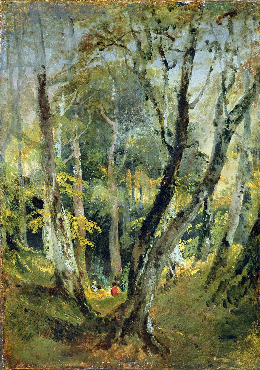 En bøkeskog med sigøynere sittende i det fjerne, ca. 1799-1801 (olje på papir lagt ned på panel) av Joseph Mallord William Turner
