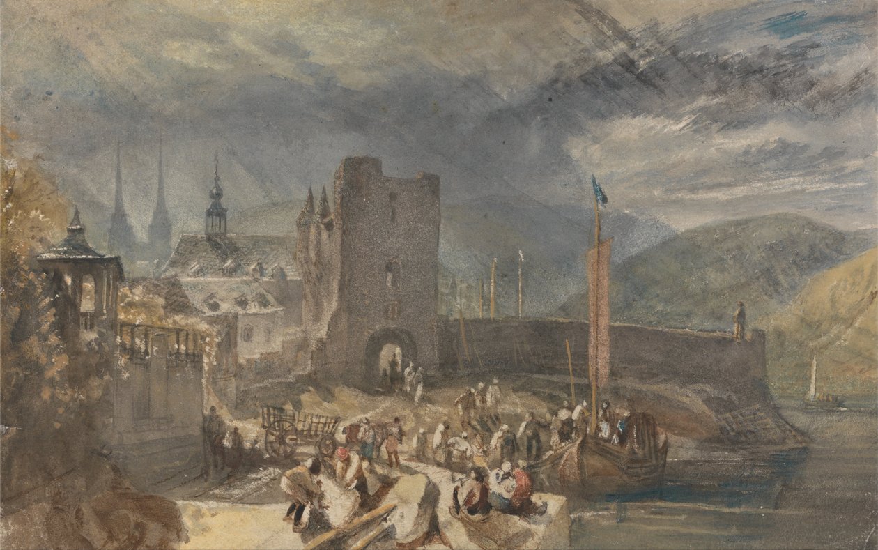 En utsikt over Boppart, med figurer på elvebredden av Joseph Mallord William Turner