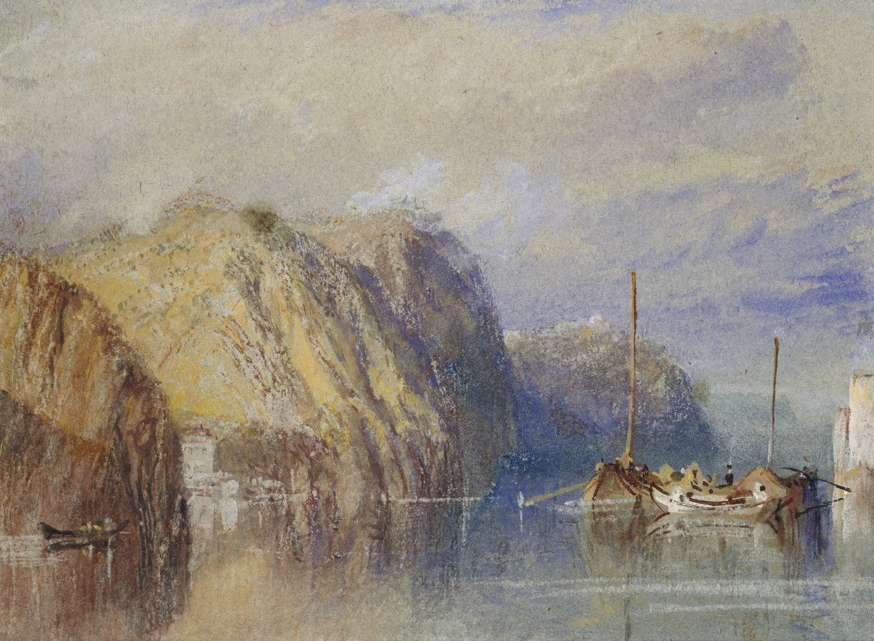 Mellom Clairmont og Mauves, 1826 - 1830 (akvarell med kroppsfarge og penn og brunt blekk på blått papir) av Joseph Mallord William Turner