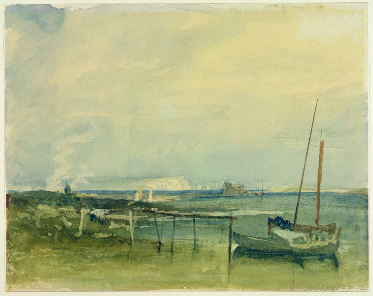 Kystscene med hvite klipper og båter på land (wc og grafitt på papir) av Joseph Mallord William Turner
