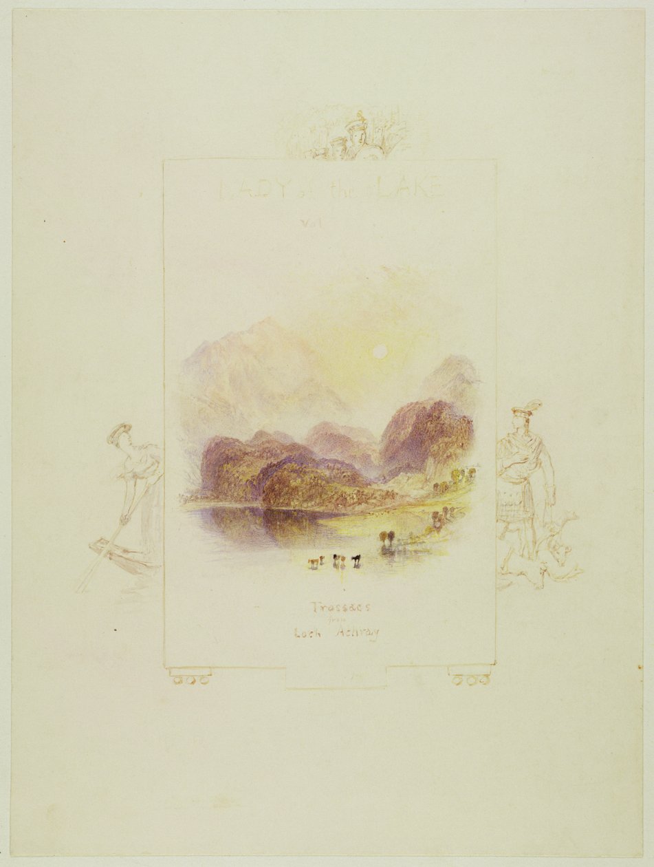 Design for en illustrasjon for Walter Scotts "Lady of the Lake", Loch Achray (blyant, penn og blekk og wc på papir) av Joseph Mallord William Turner