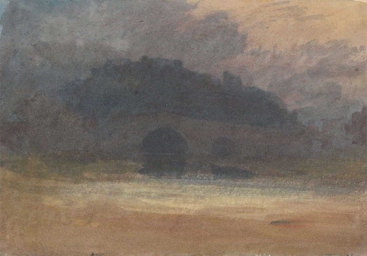 Kveldslandskap med slott og bro i Yorkshire av Joseph Mallord William Turner