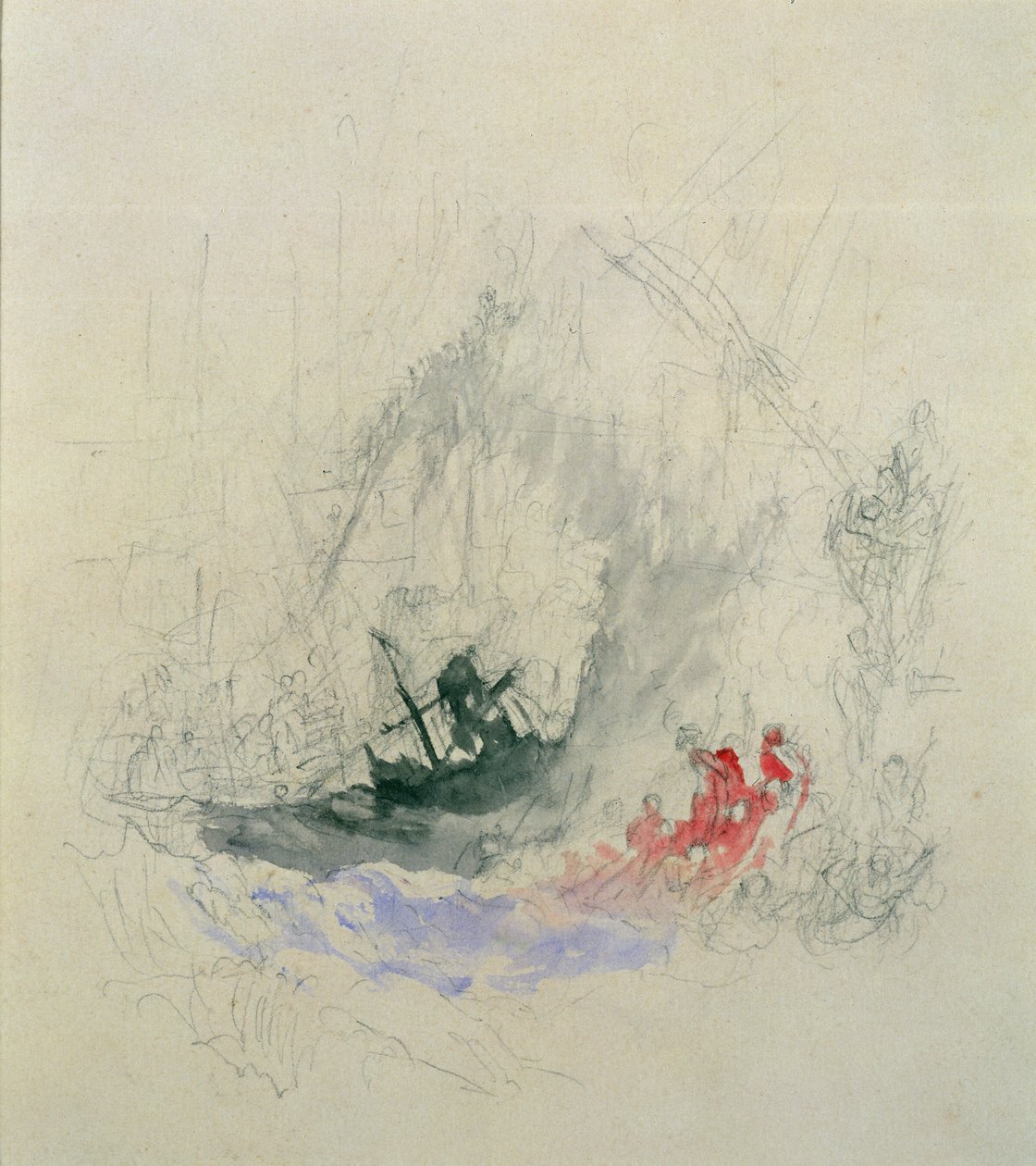 Fire at Sea, et design for en vignett, 1835 (blyant og wc på papir) av Joseph Mallord William Turner