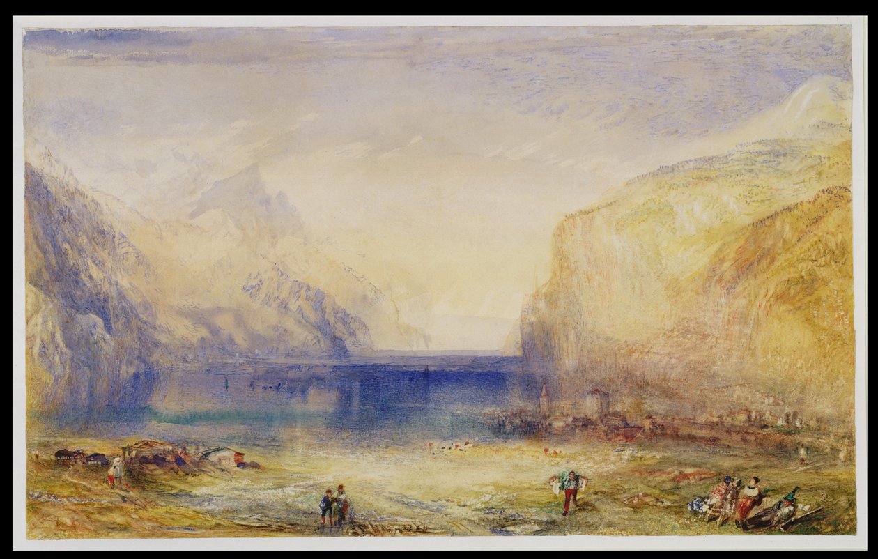 Fluelen: Morgen (ser mot innsjøen) 1845 (wc og gouache med utskraping på vevd papir) av Joseph Mallord William Turner