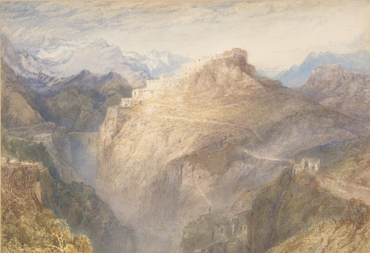 Fort of LEssillon, Val de la Maurienne, Frankrike, 1836 (wc og gouache over grafitt) av Joseph Mallord William Turner