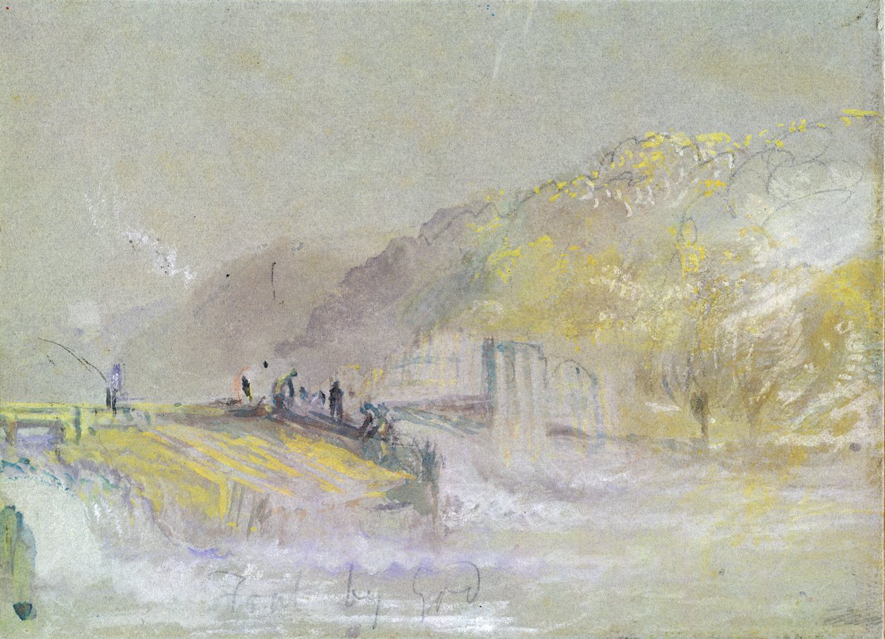 Foul by God: River Landscape with Anglers Fishing from a Weir, ca. 1830 (wc og kroppsfarge med blyant og kritt på papir) av Joseph Mallord William Turner
