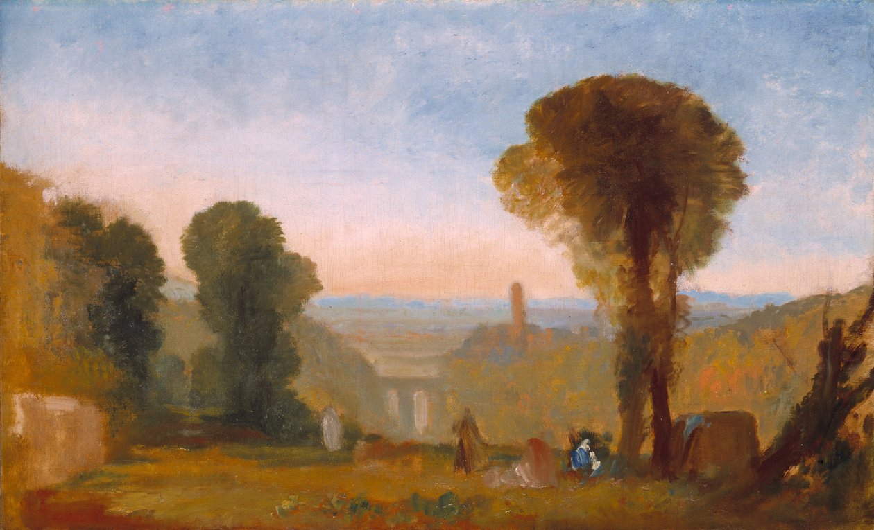 Italiensk landskap med bro og tårn av Joseph Mallord William Turner
