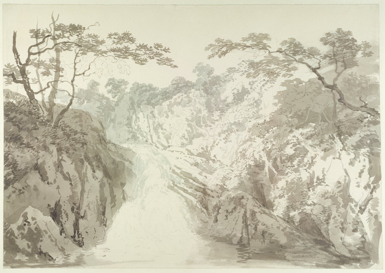 Landskap med foss, ca. 1796 (grafitt og vask på papir) av Joseph Mallord William Turner