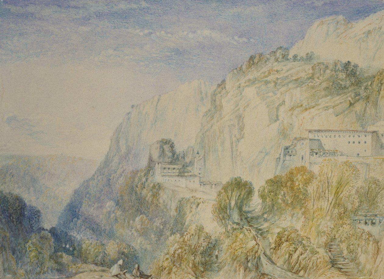 Libanonfjellet og klosteret St Antonio, ca. 1832-34 (akvarell over grafitt med penn og brunt blekk) av Joseph Mallord William Turner