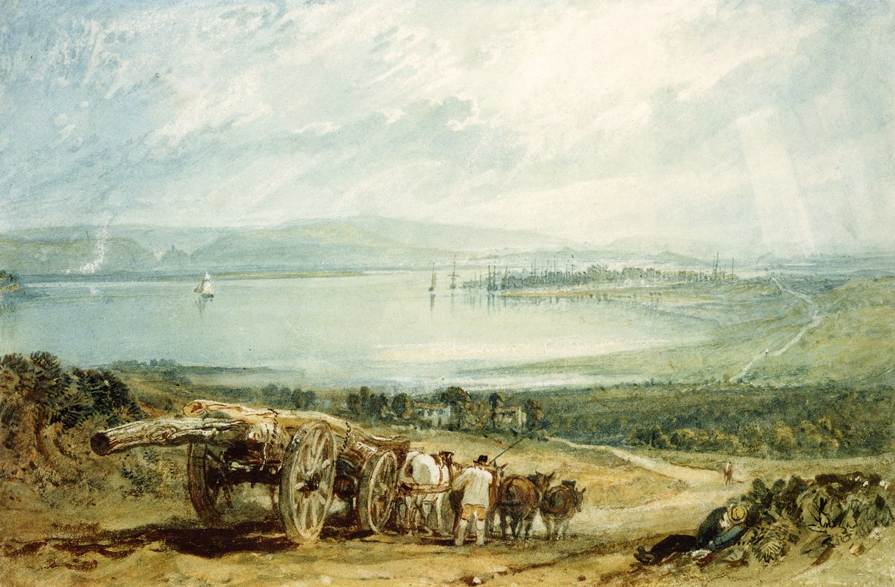Poole, Dorset med Corfe Castle in the Distance (wc forhøyet med kroppsfarge på papir) av Joseph Mallord William Turner