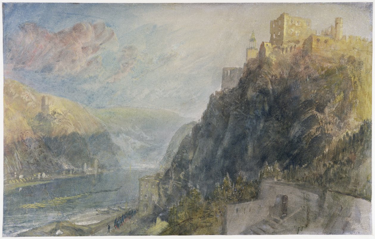 Rheinfels ser til Katz og Gourhausen, 1817 (wc und gouache på papir) av Joseph Mallord William Turner