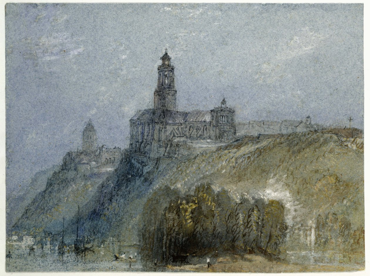 Saint-Florent-le-Vieil, ca. 1826-30 (akvarell og kroppsfarge med penn og svart og brunt blekk på blått papir) av Joseph Mallord William Turner