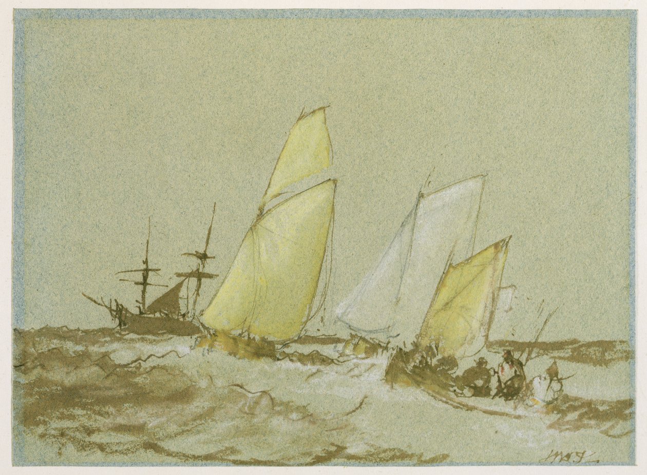 Frakt, ca. 1828-30 (penn, pensel og brunt blekk, kroppsfarge og grafitt på blått papir) av Joseph Mallord William Turner