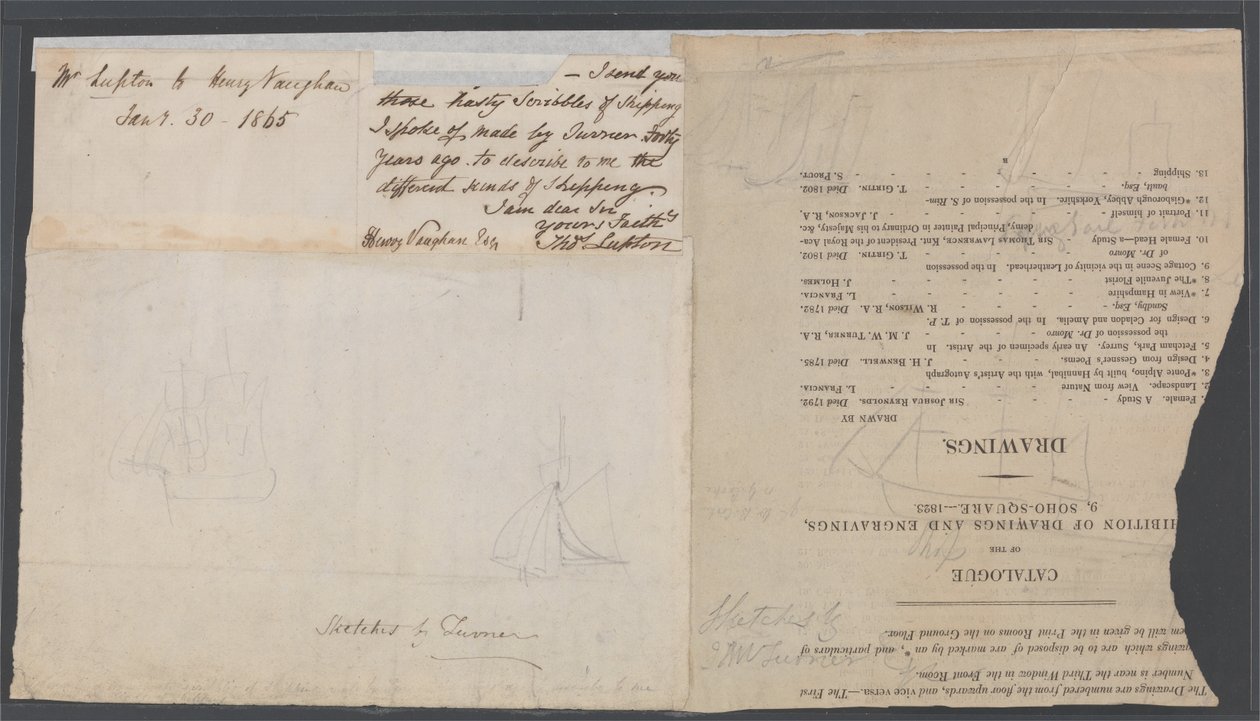 Skisse av to skip på en katalogside av Joseph Mallord William Turner