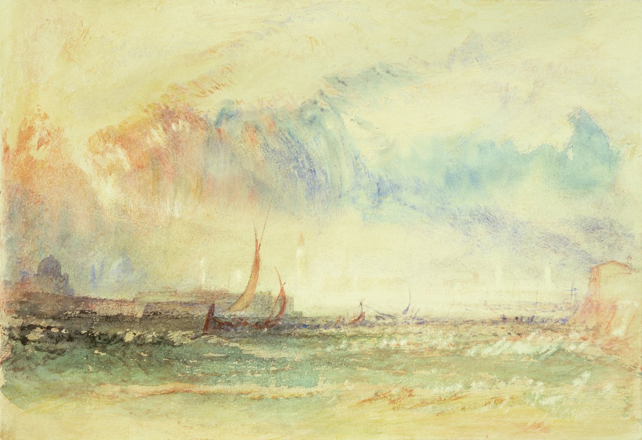 Storm ved solnedgang, Venezia, ca. 1840 (wc, gouache og rødt blekk) av Joseph Mallord William Turner