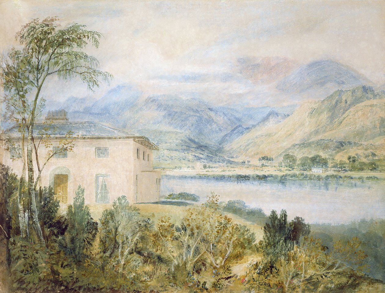 Tent Lodge, av Coniston Water, 1818, (wc og kroppsfarge på grått papir) av Joseph Mallord William Turner