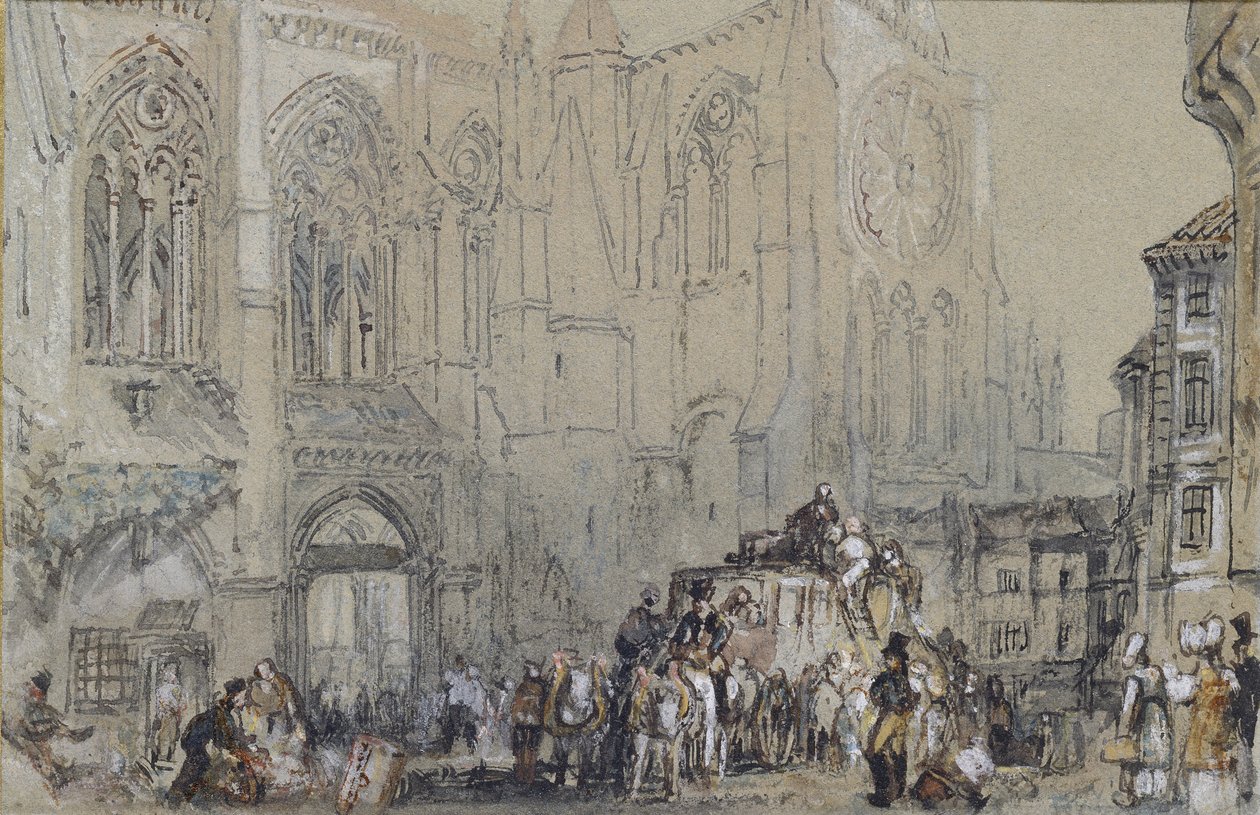 St. Juliens kirke, Tours, ca. 1830 (akvarell over grafitt med kroppsfarge og penn og brunt og svart blekk) av Joseph Mallord William Turner