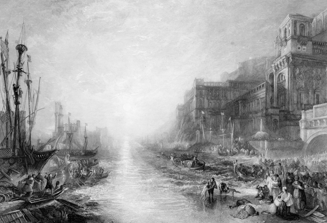The Embarkation of Regulus, antikkens Kartago, gravert av Daniel Wilson (1816-92), 1838-52 av Joseph Mallord William Turner