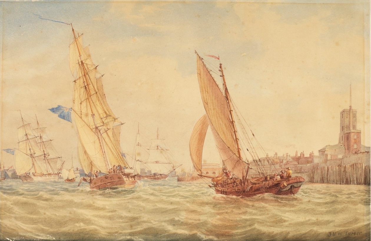 Tre krigssluper og en fiskesmell går inn i havn, Portsmouth, ca. 1800-30 av Joseph Mallord William Turner