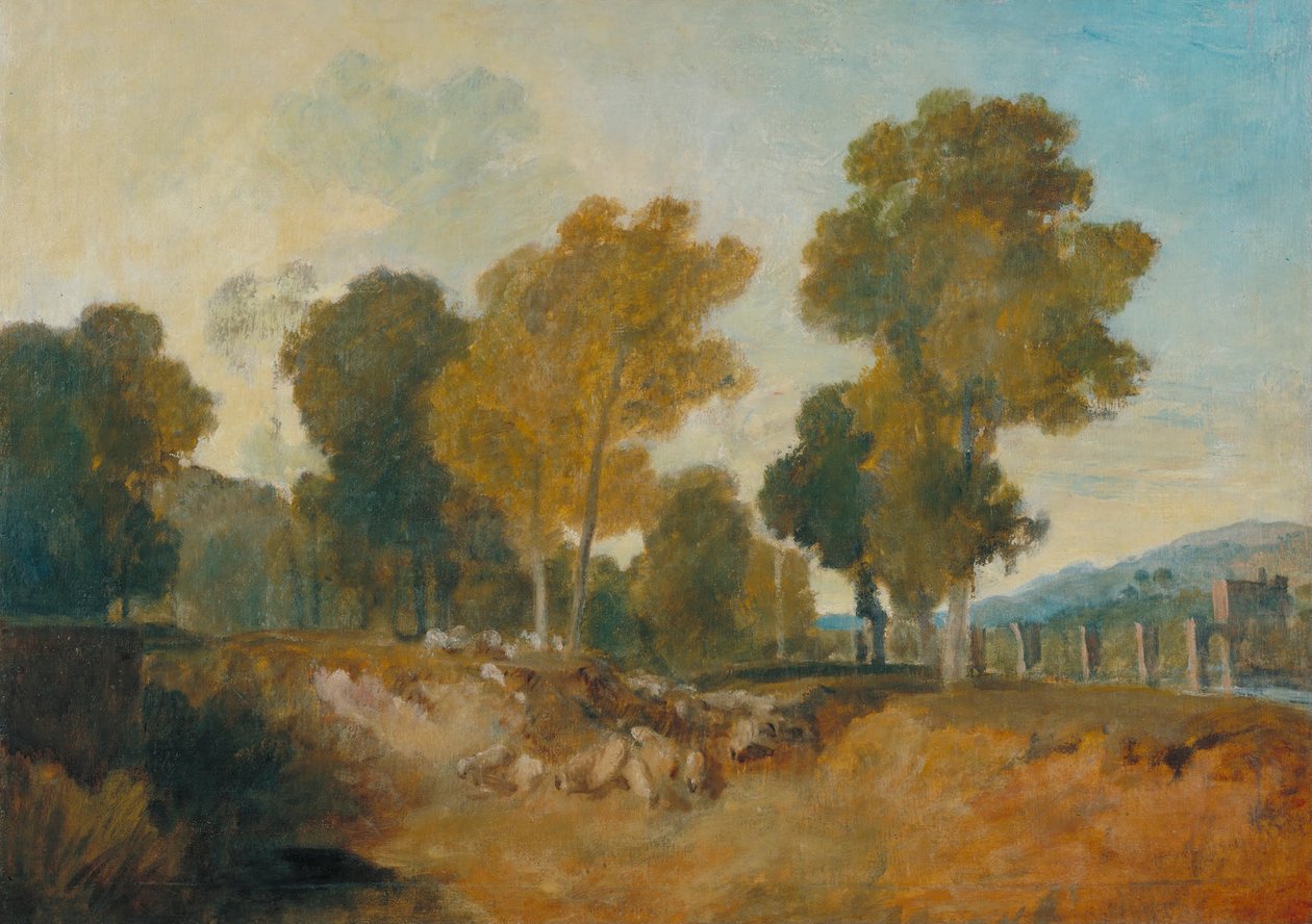 Trær ved siden av elven, med bro i mellomdistanse av Joseph Mallord William Turner