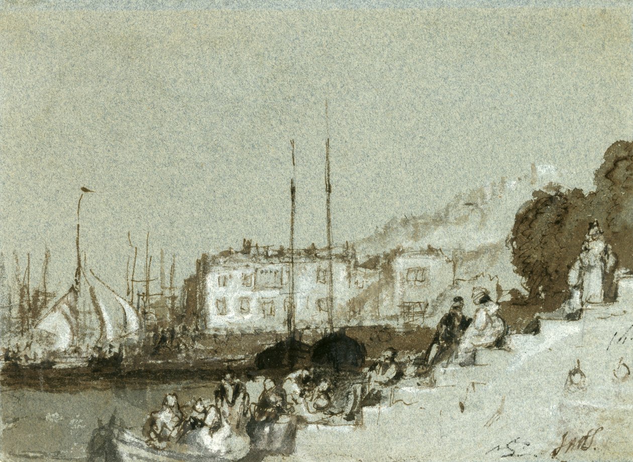 Utsikt over en Seaport East Cowes, Isle of Wight, 1828 (blekk, vask og hvitt kritt på blått papir) av Joseph Mallord William Turner