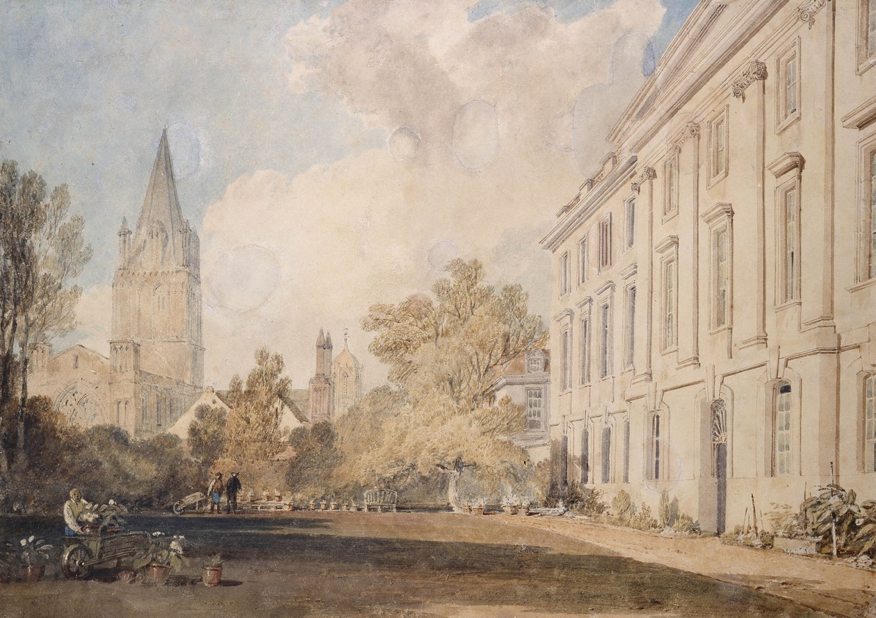 Utsikt over katedralen i Christ Church, og en del av Corpus Christi College, 1803-04 (wc over grafitt, på papir) av Joseph Mallord William Turner