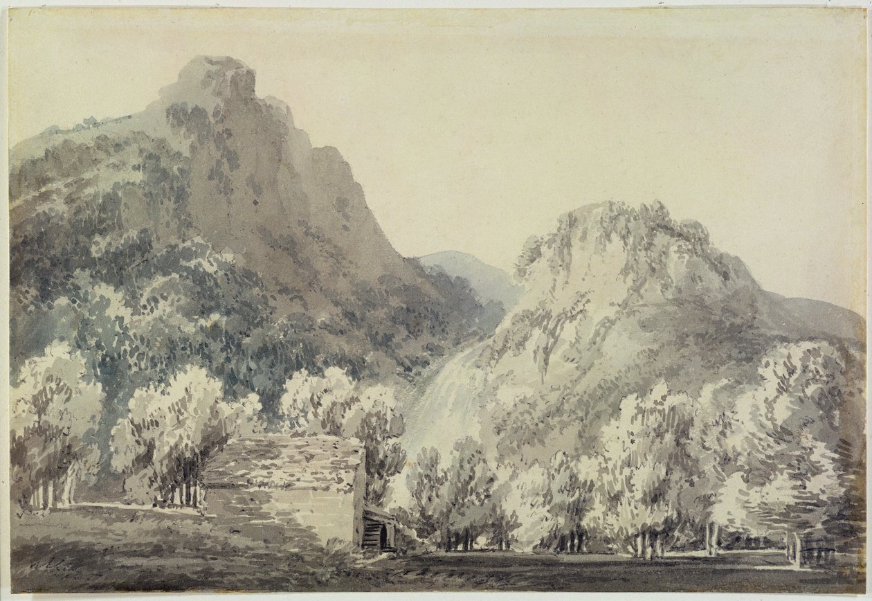 Foss ved Lodore, Cumberland (grå og blå vask over grafitt på papir) av Joseph Mallord William Turner
