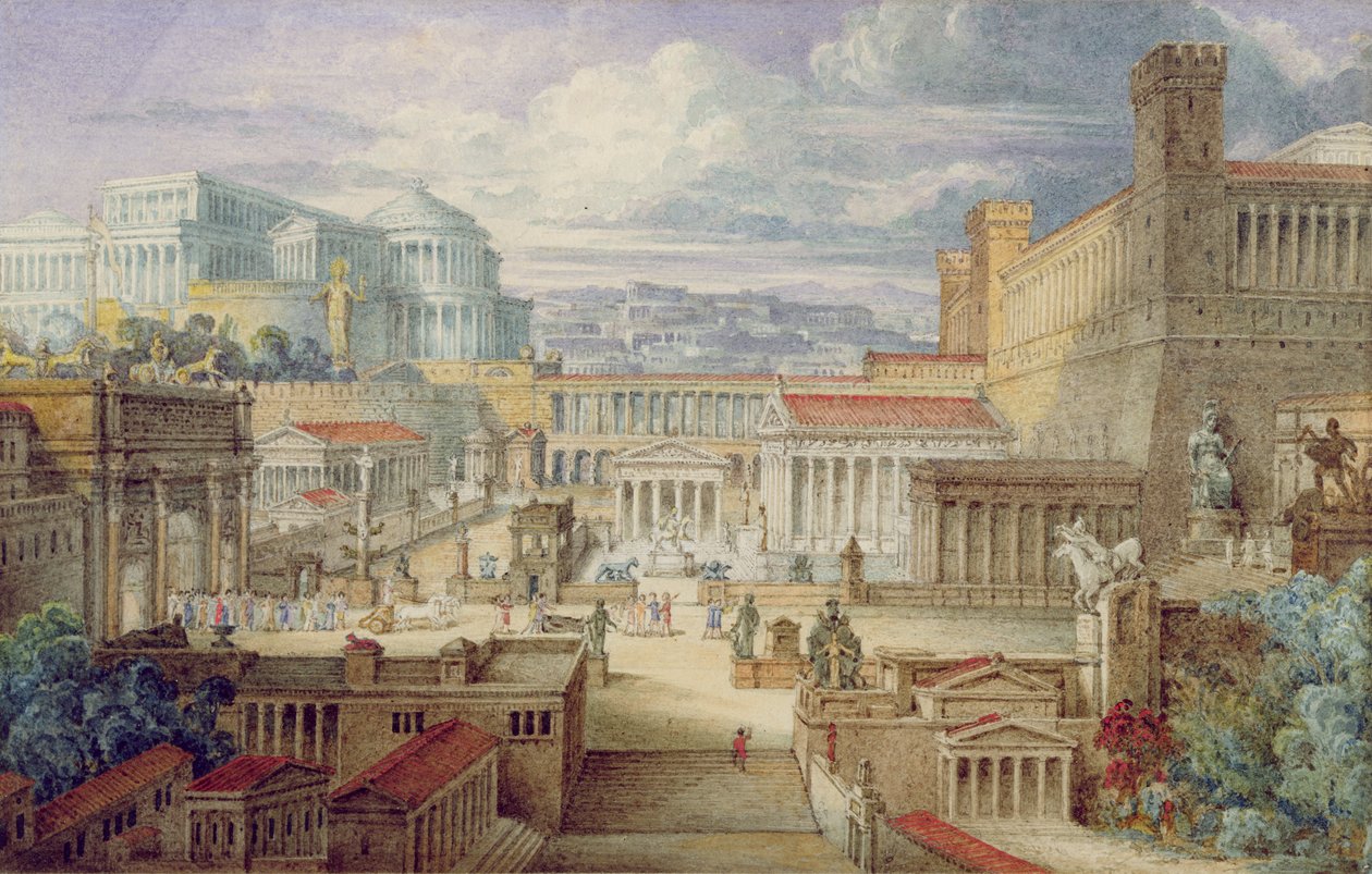 A Scene in Ancient Roma, A Setting for Titus Andronicus, Act I, scene 3, ca. 1830 (wc und gouache med penn og blekk på papir) av Joseph Michael Gandy
