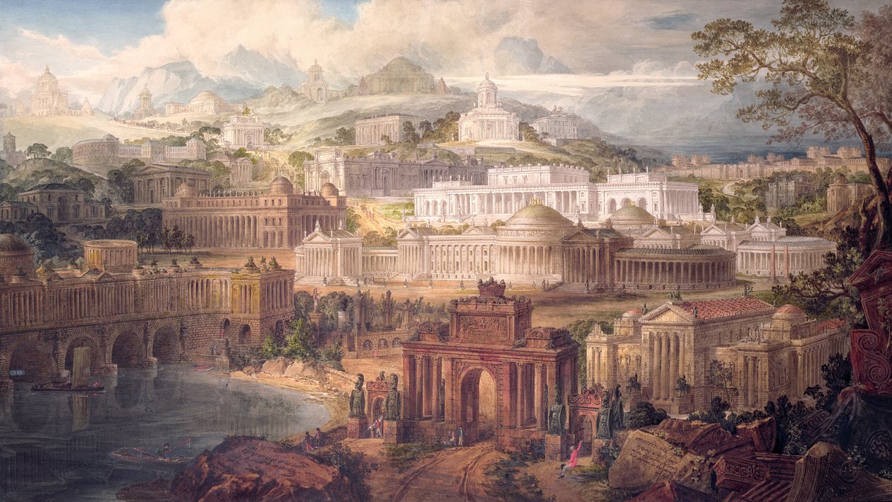 Architectural Visions of Early Fancy, in the Gay Morning of Youth, and Dreams in the Evening of Life, 1820 (penn og blekk og wc på papir) av Joseph Michael Gandy