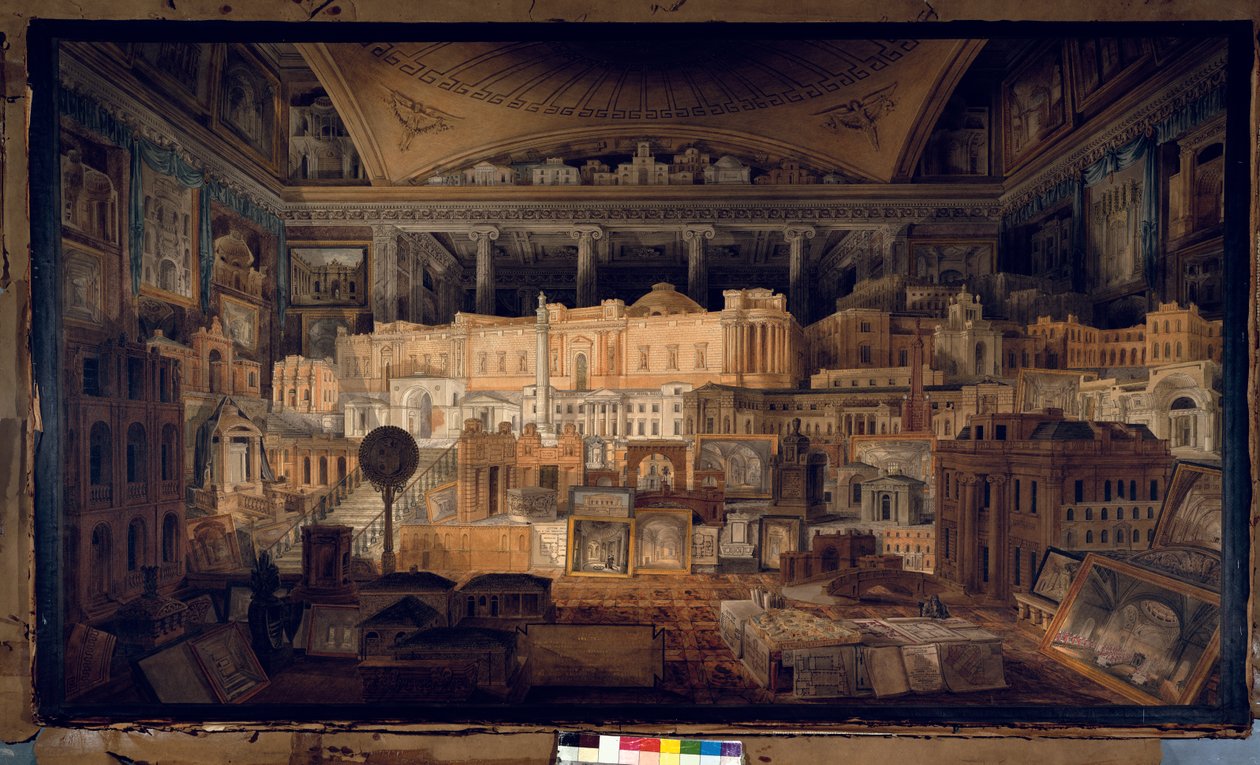 Offentlige og private bygninger utført av Sir John Soane mellom 1780 og 1815, 1818 (blyant, penn og wc på papir) av Joseph Michael Gandy