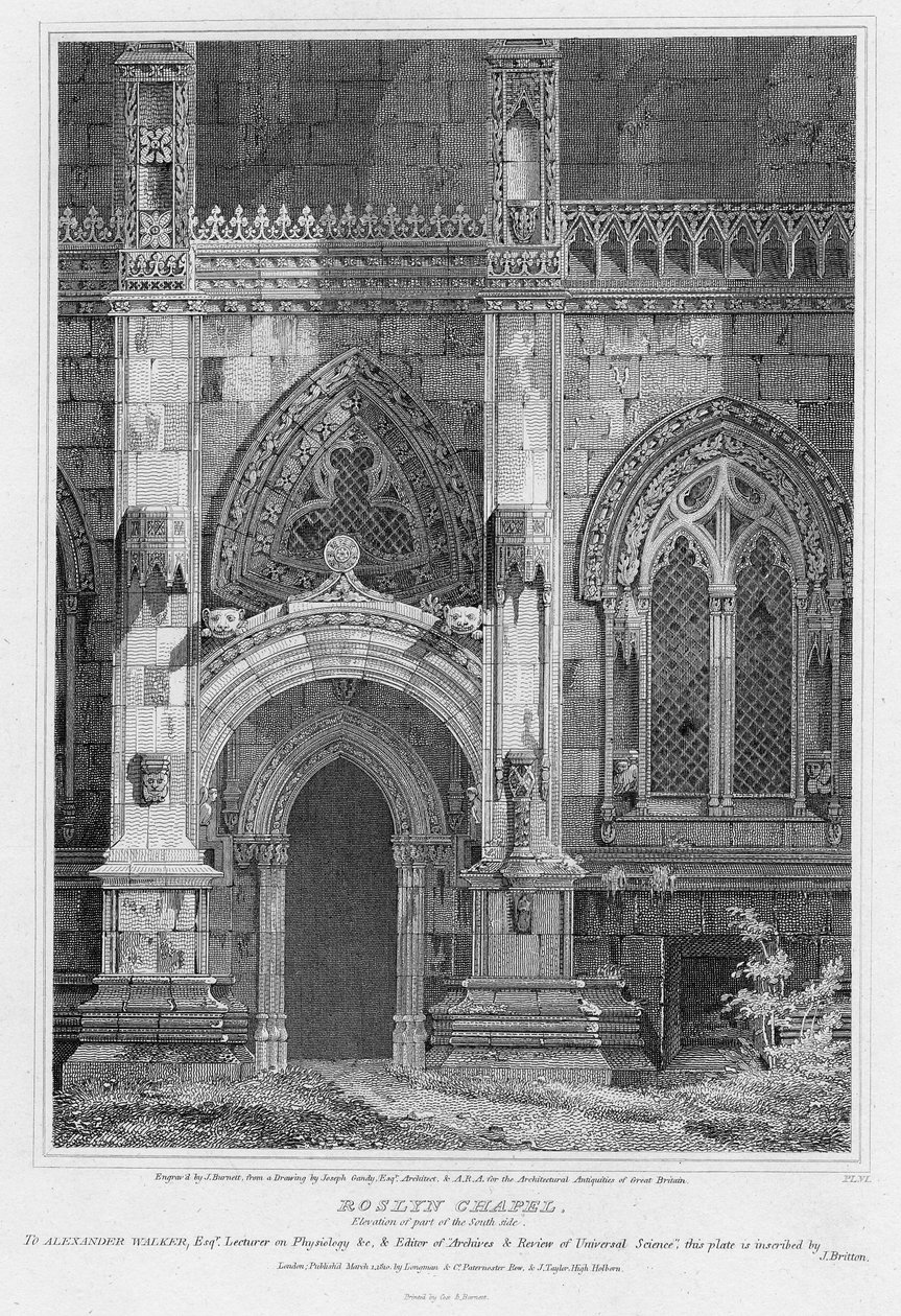 Rosslyn Chapel, forhøyning av en del av sørsiden, gravert av J. Burnett, 1810 av Joseph Michael Gandy