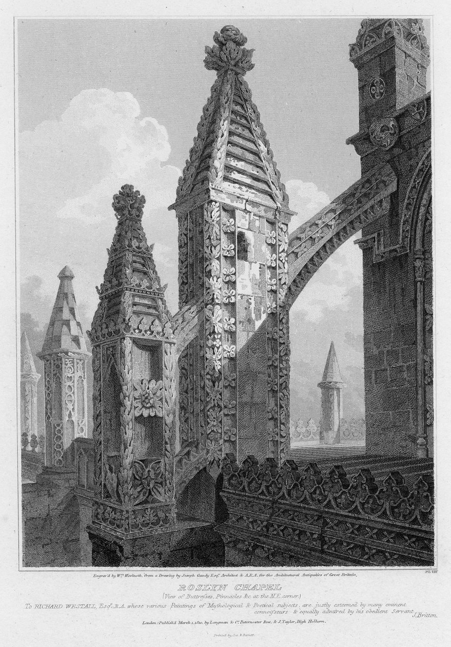 Roslyn Chapel, utsikt over støttebene og tinder ved det nordøstlige hjørnet, gravert av William Woolnoth, 1810 av Joseph Michael Gandy
