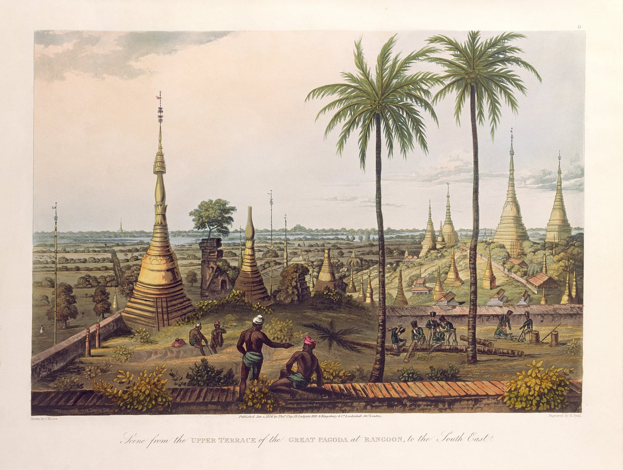 Scene fra Upper Terrace of the Great Pagoda i Rangoon, til Sørøst, gravert av H. Pyall, pub. av Kingsbury und Co., 1826 (farget akvatint) av Joseph Moore