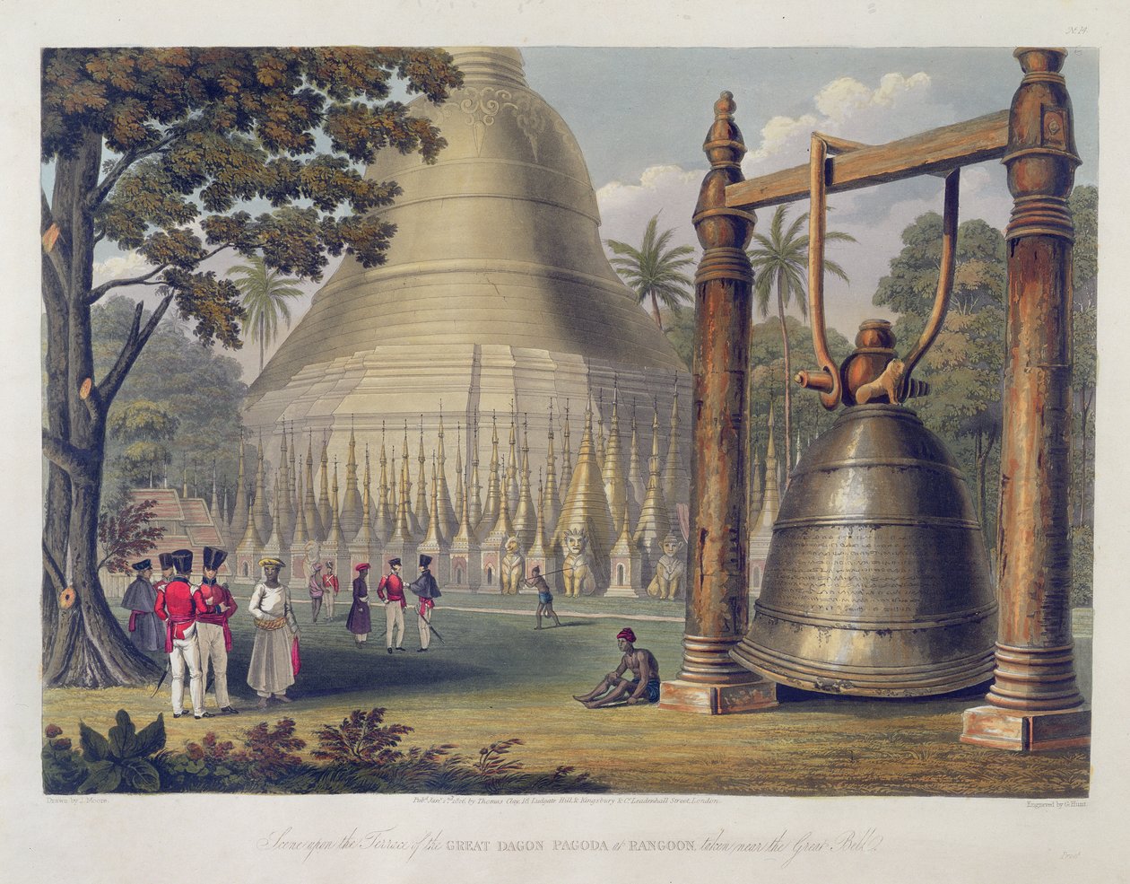 Scene på terrassen til den store Dagon-pagoden i Rangoon, tatt nær den store klokken, plate 14 fra 