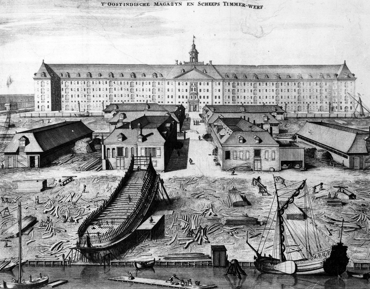 East India Company Shipyard and Warehouse i Amsterdam, 1725 av Joseph Mulder
