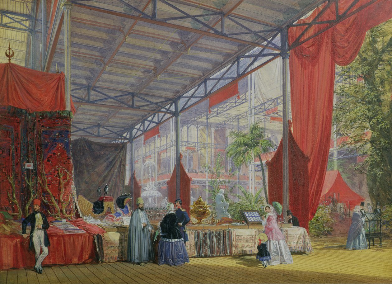 En del av transeptet til den store utstillingen fra 1851, som viser boder med varer fra Tyrkia, 1851 av Joseph Nash