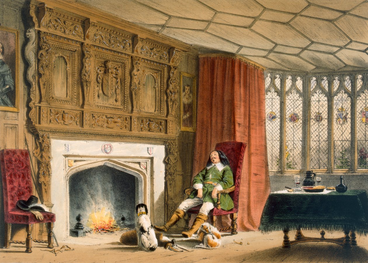 Squire med hundene sine ved ildstedet, Southam Delabere, Gloucestershire, fra 